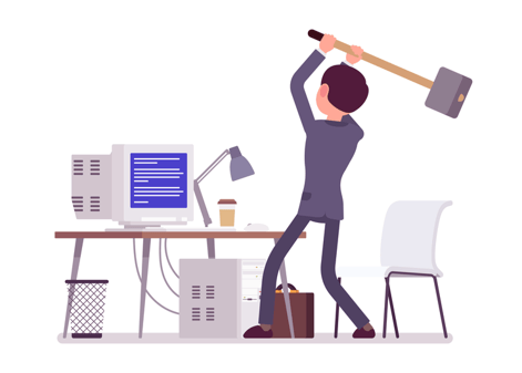 Frustrated man about to hit a computer with a hammer Frustrated man about to hit a computer with a hammer